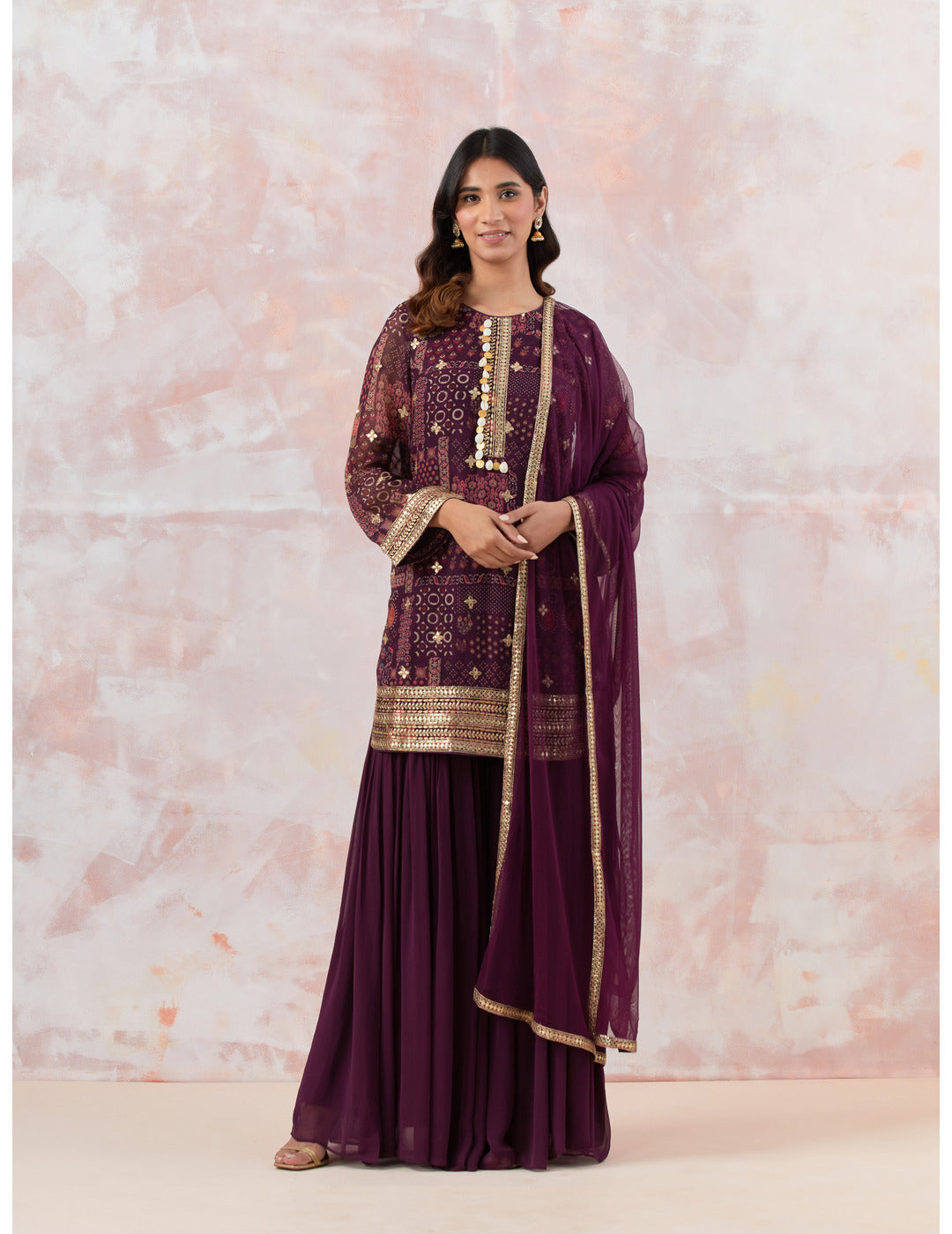 Wine Embellished Sharara Set