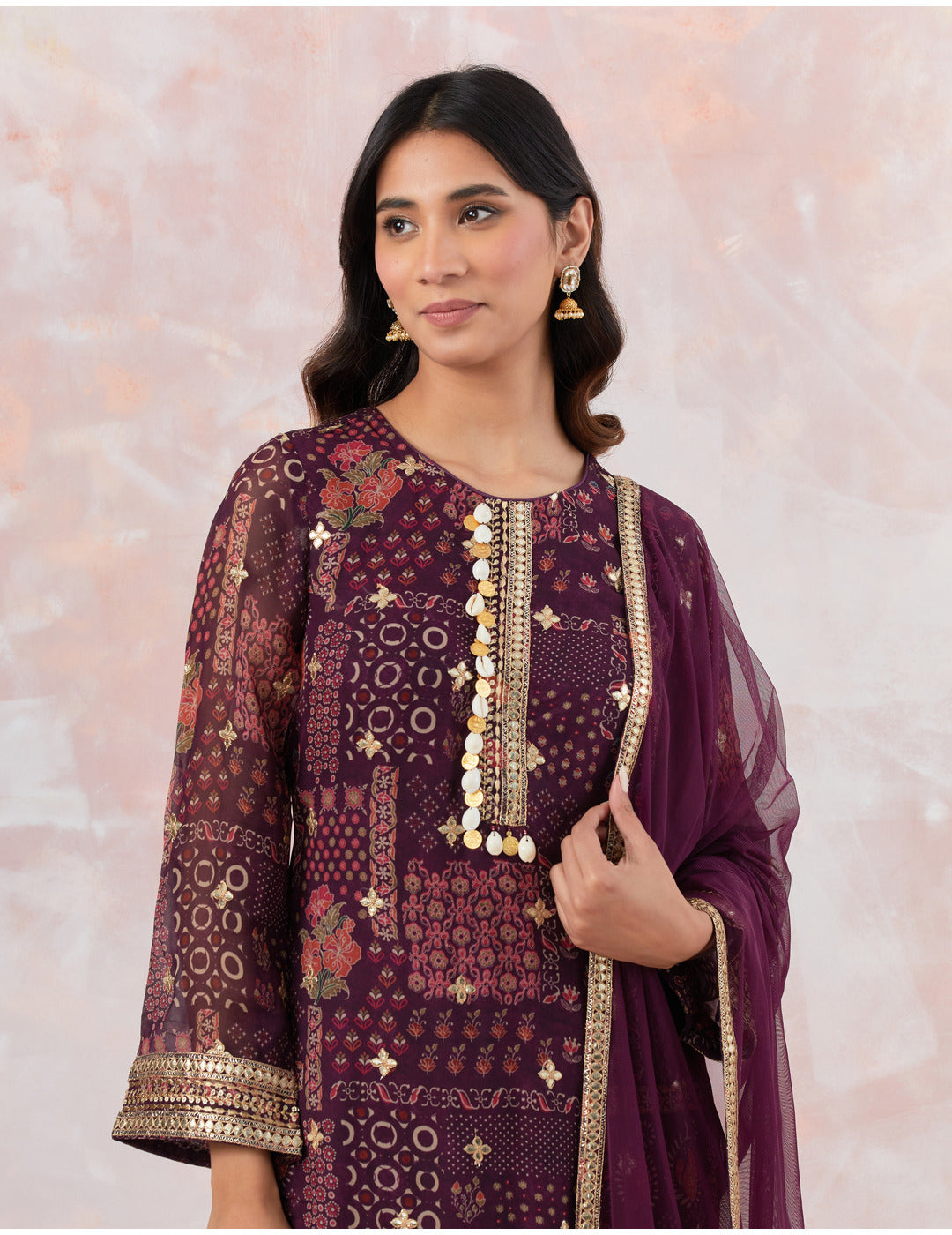 Wine Embellished Sharara Set