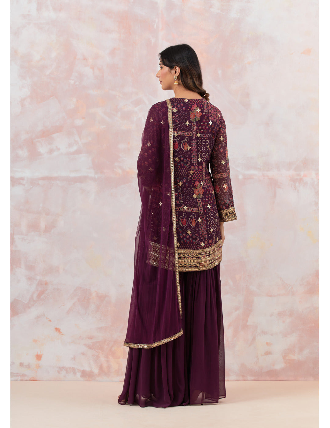 Wine Embellished Sharara Set