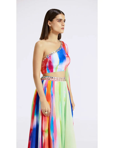 Multicolored One-Shoulder Top & Skirt Set