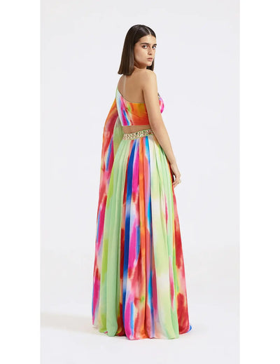 Multicolored One-Shoulder Top & Skirt Set