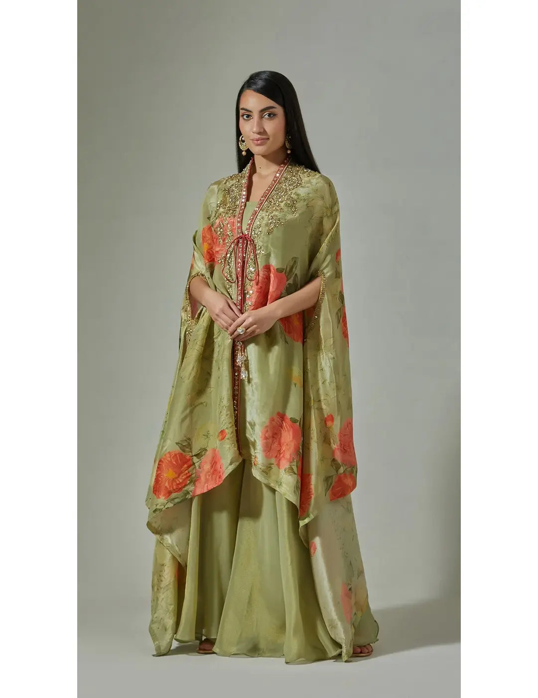 Green Printed Sharara & Cape Set