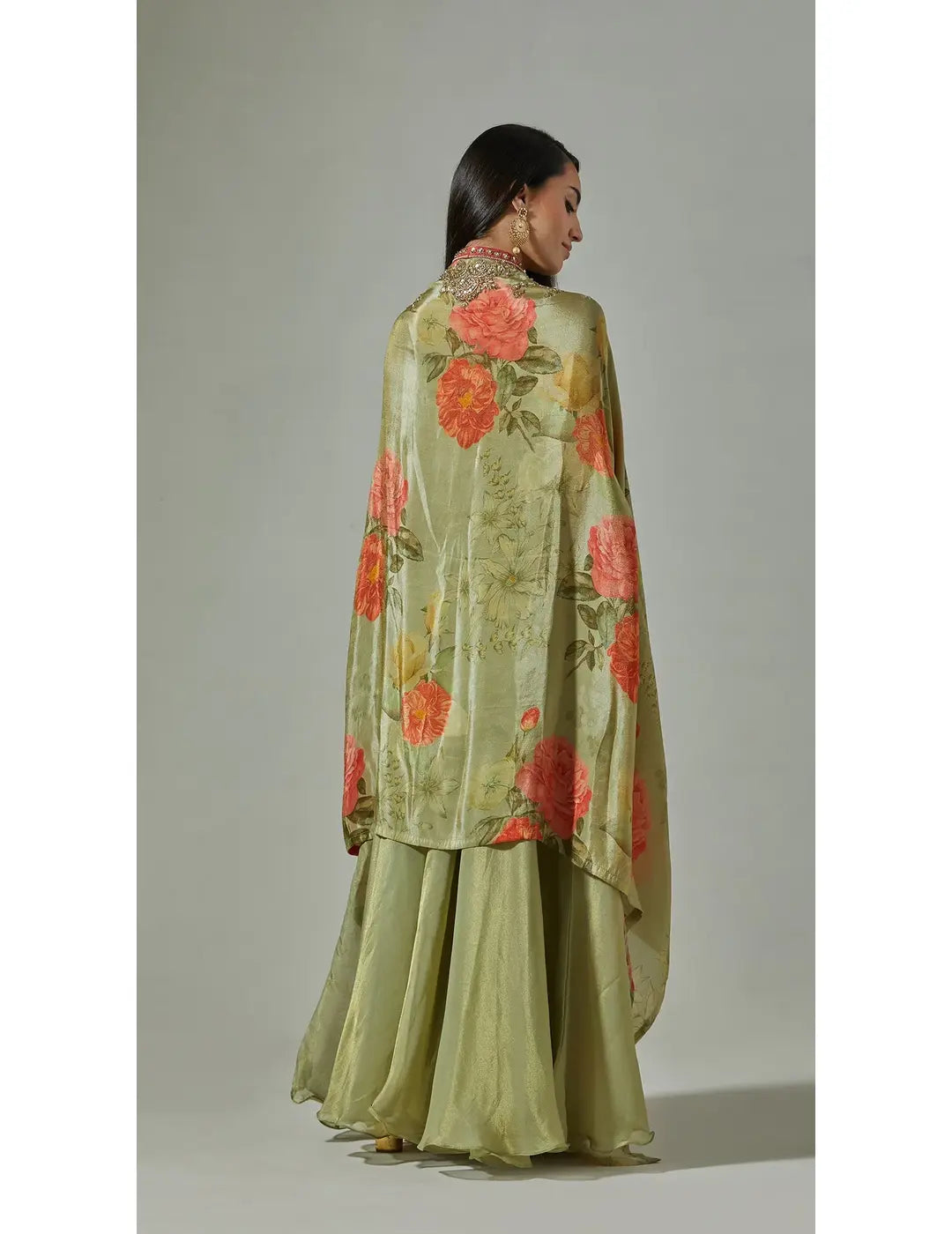 Green Printed Sharara & Cape Set