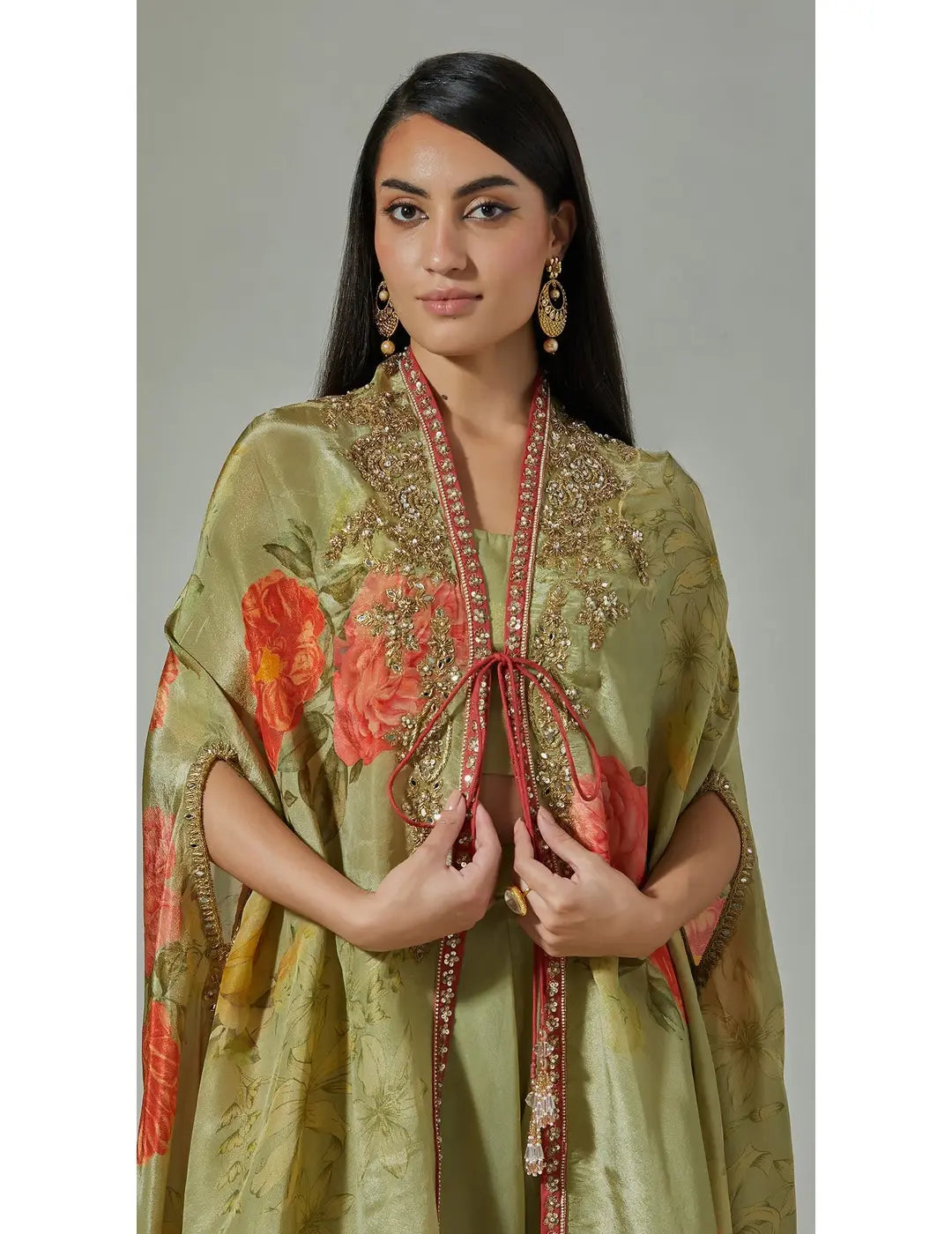 Green Printed Sharara & Cape Set