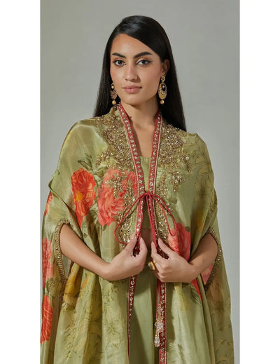 Green Printed Sharara & Cape Set