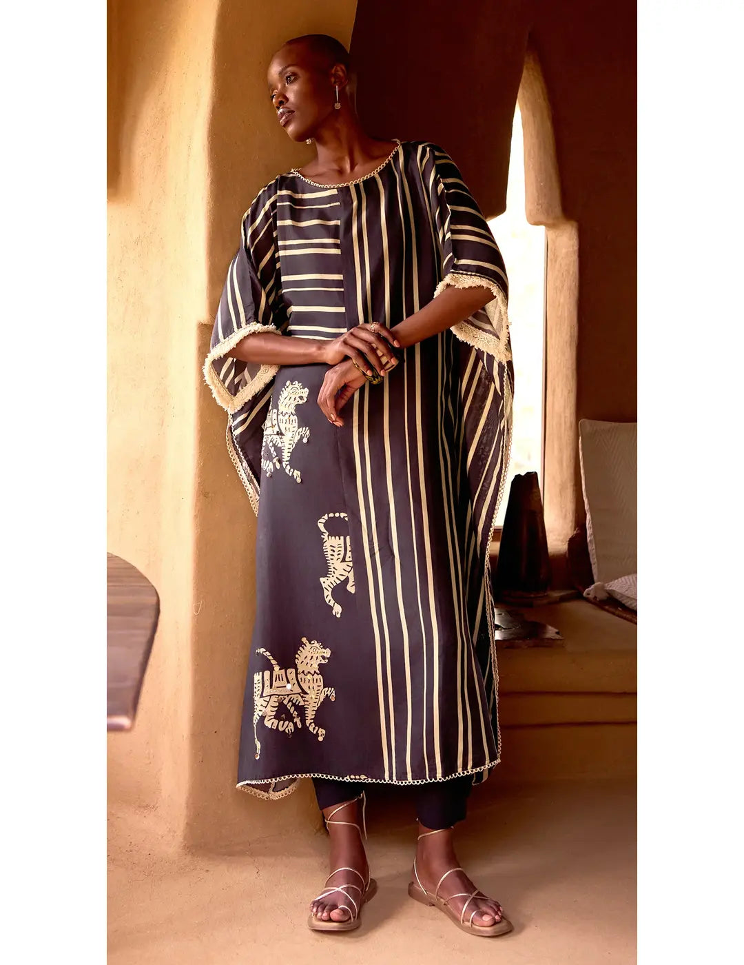 Black Cotton Stripes Abstract Kaftan Set