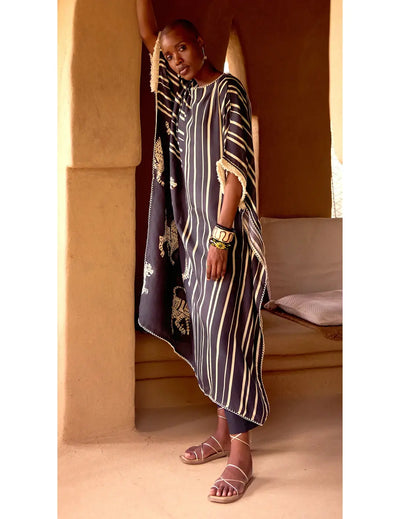 Black Cotton Stripes Abstract Kaftan Set