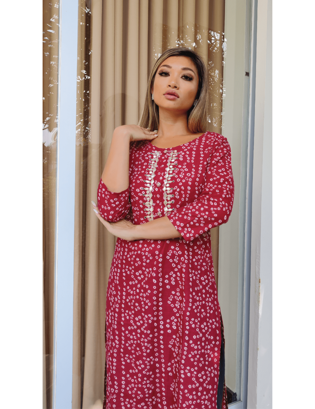 Red & White Bandhani Printed Pure Cotton Kurta