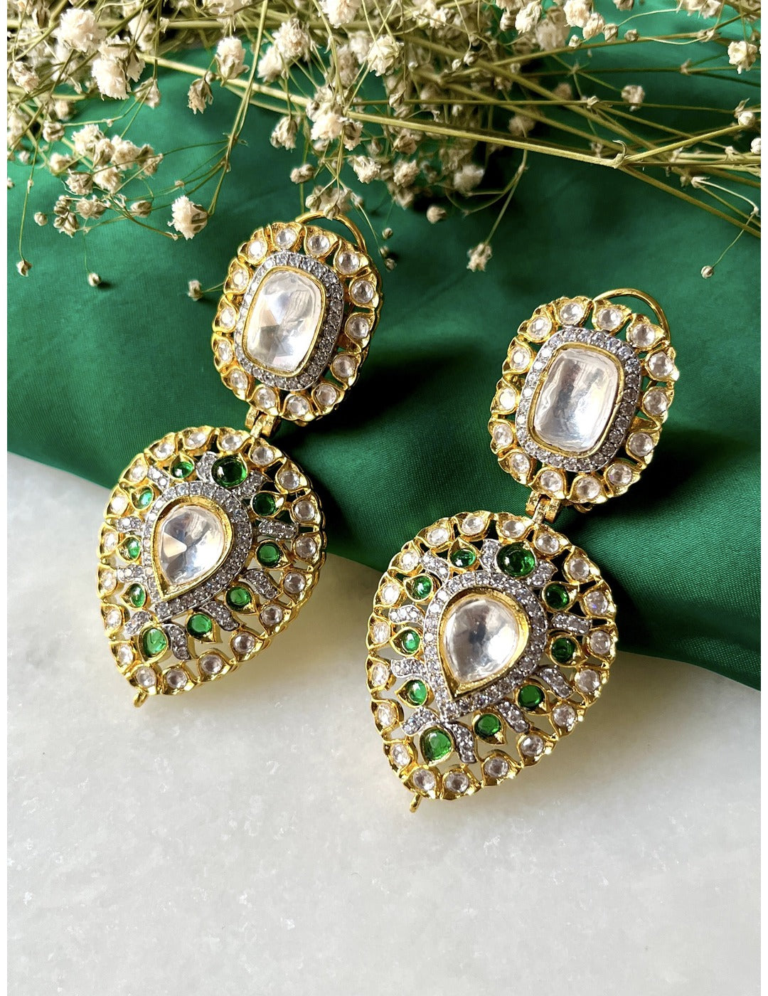 Silver Gold Green Earrings