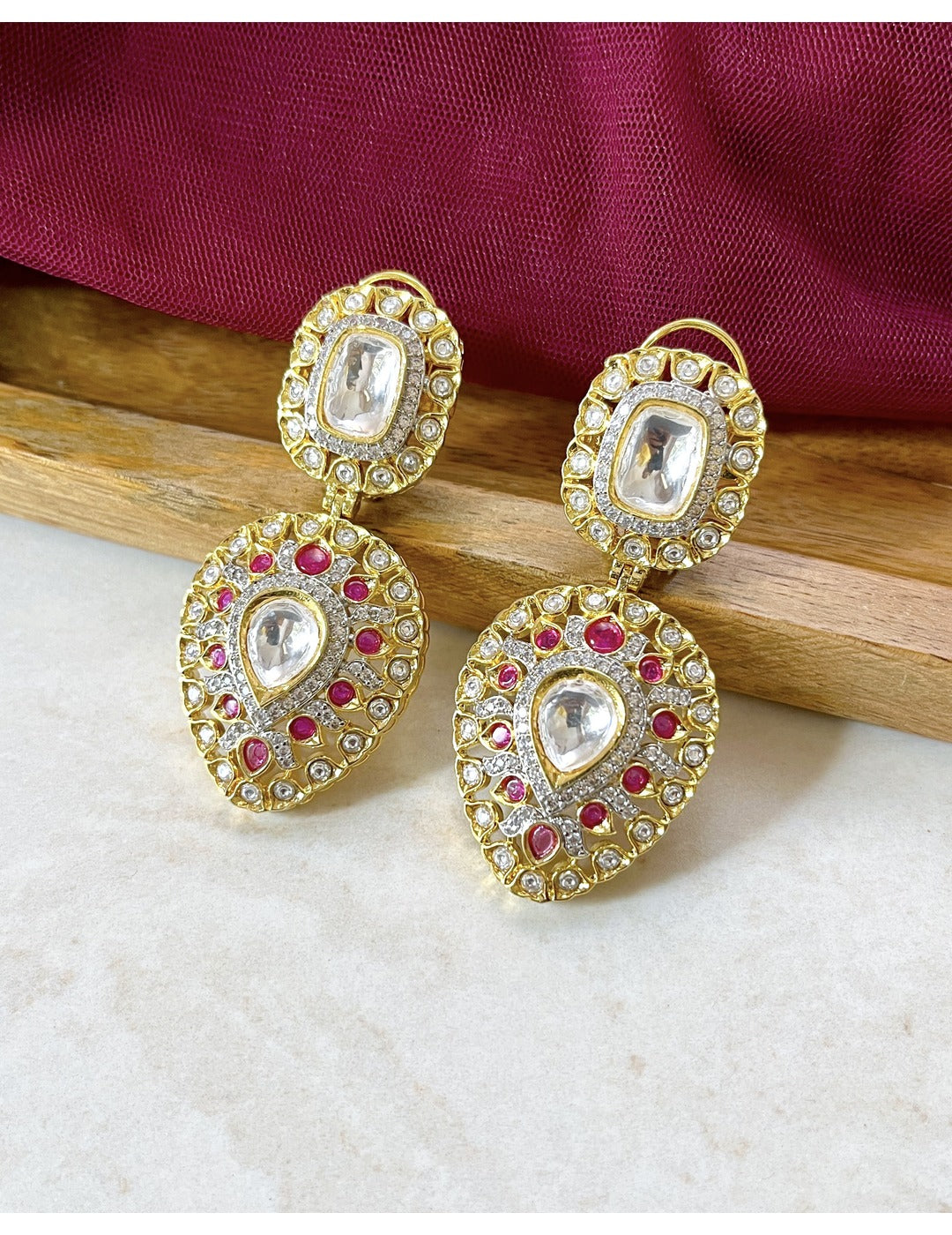 Silver Gold Red Earrings