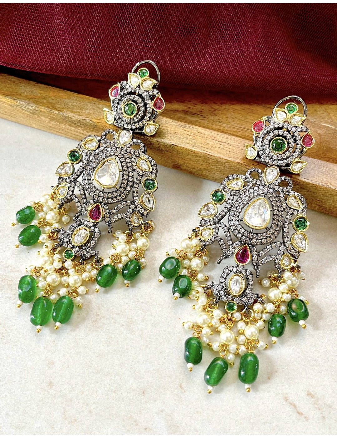 Emrald Green Kundan Pearl Chandbali