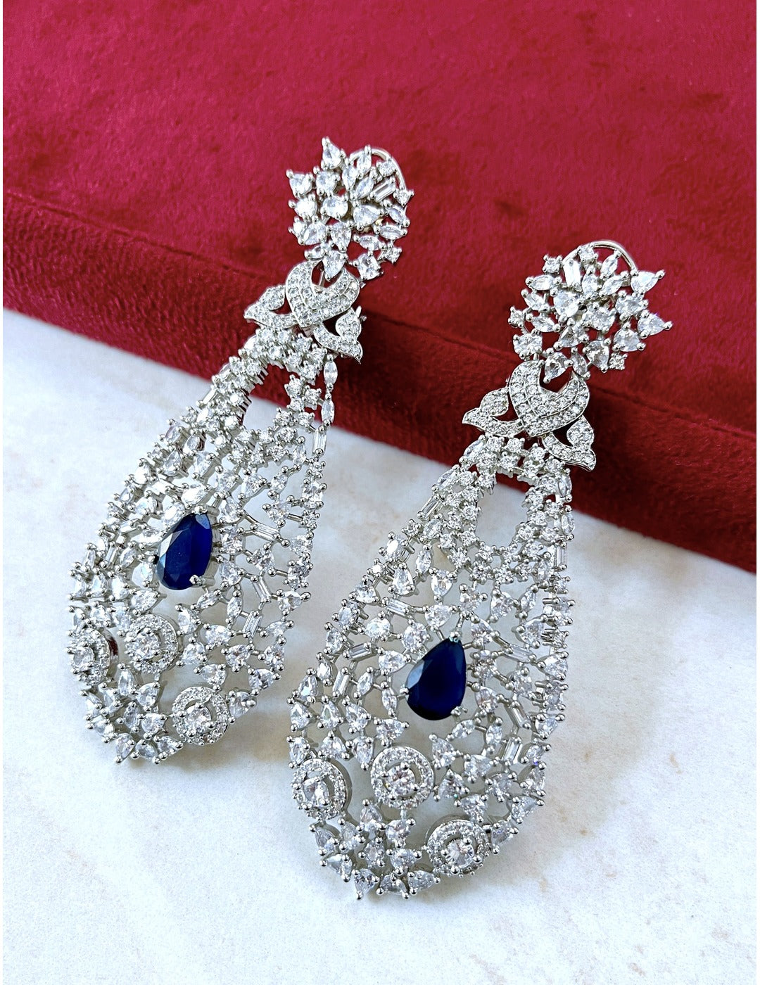 White & Navy AD Rhodium Drop Earrings