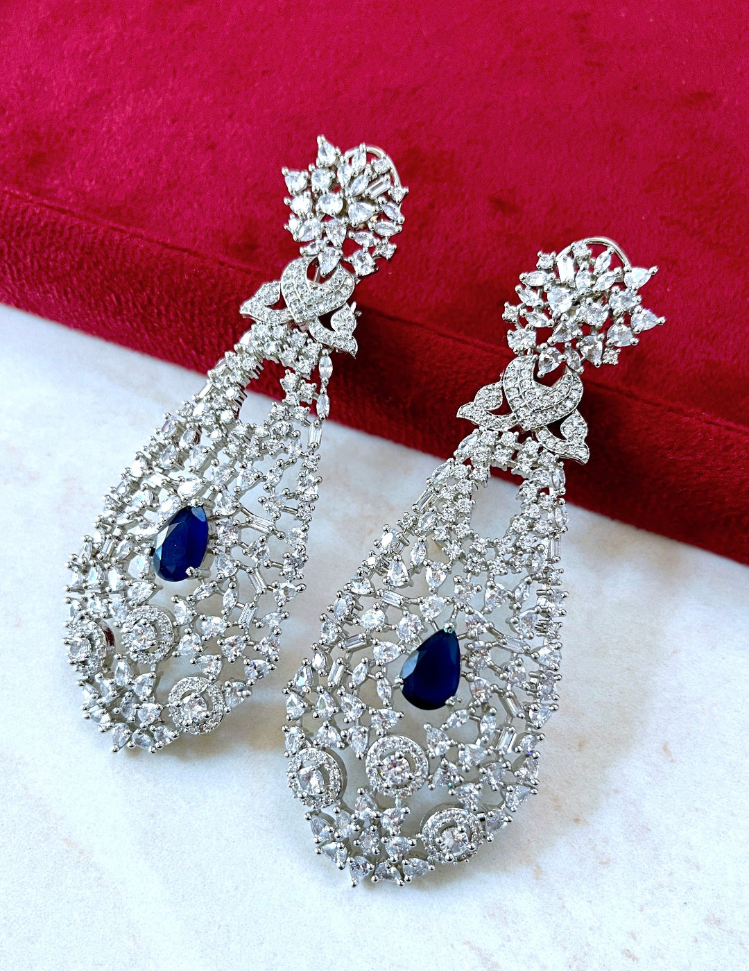 White & Navy AD Rhodium Drop Earrings