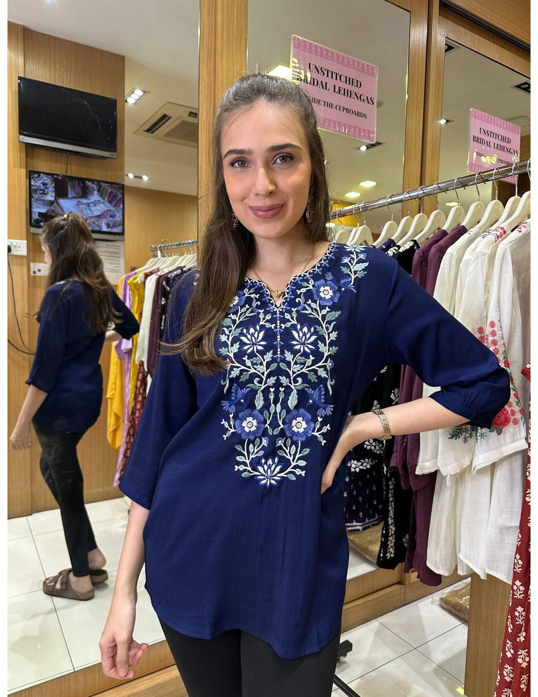 Dark Blue Floral Embroidered Tunic