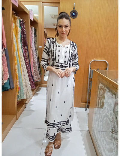 White & Black Chikankari Kurti Set