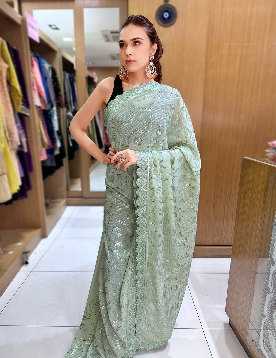 Green Sequins Sarees