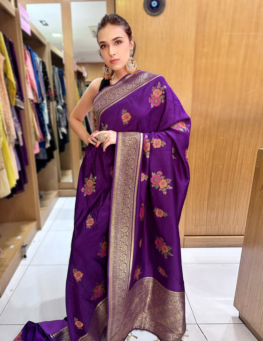 Purple Saree With Red Blouse Piece