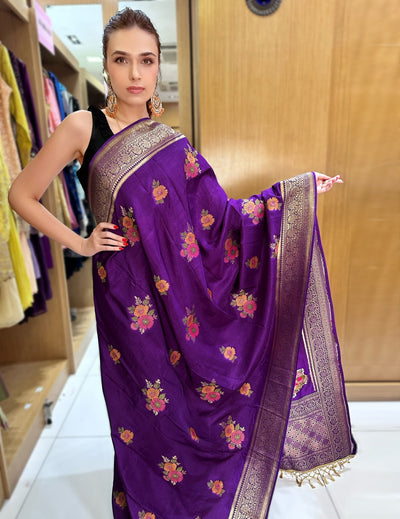 Purple Saree With Red Blouse Piece