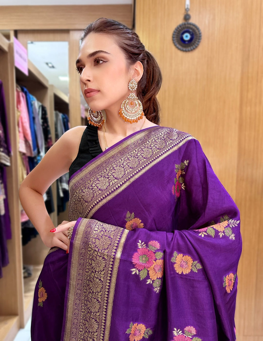 Purple Saree With Purple Blouse Piece