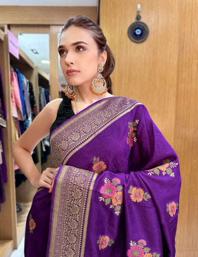 Purple Saree With Purple Blouse Piece