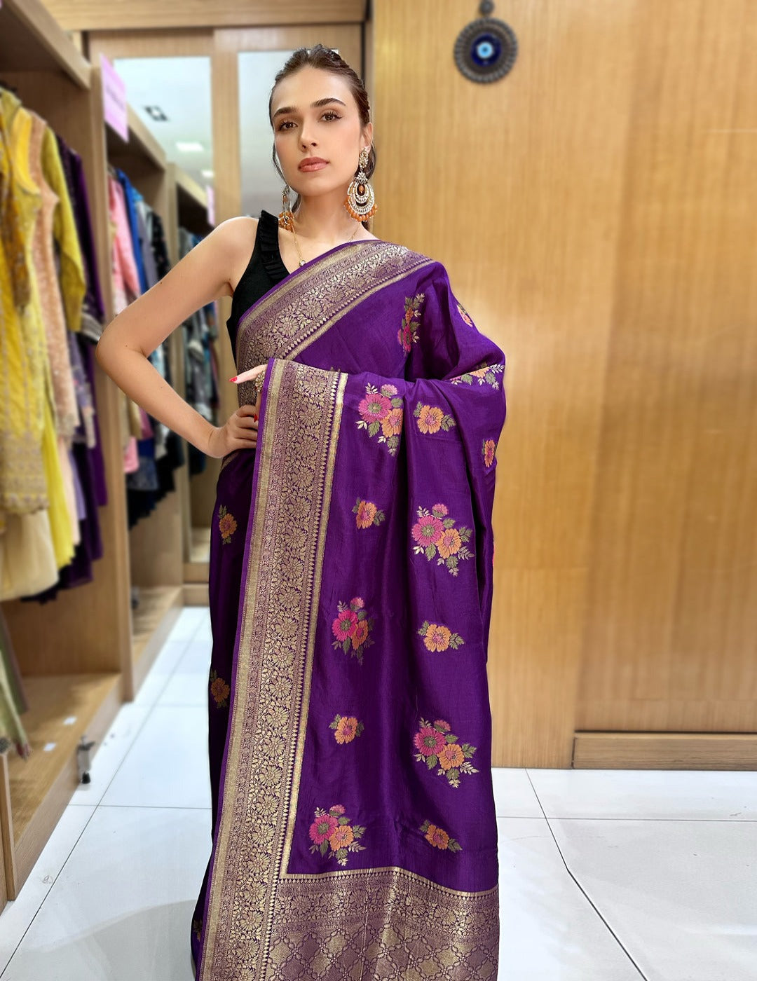 Purple Saree With Red Blouse Piece