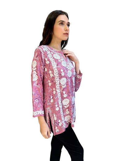 粉色花朵 Chikankari Kurti