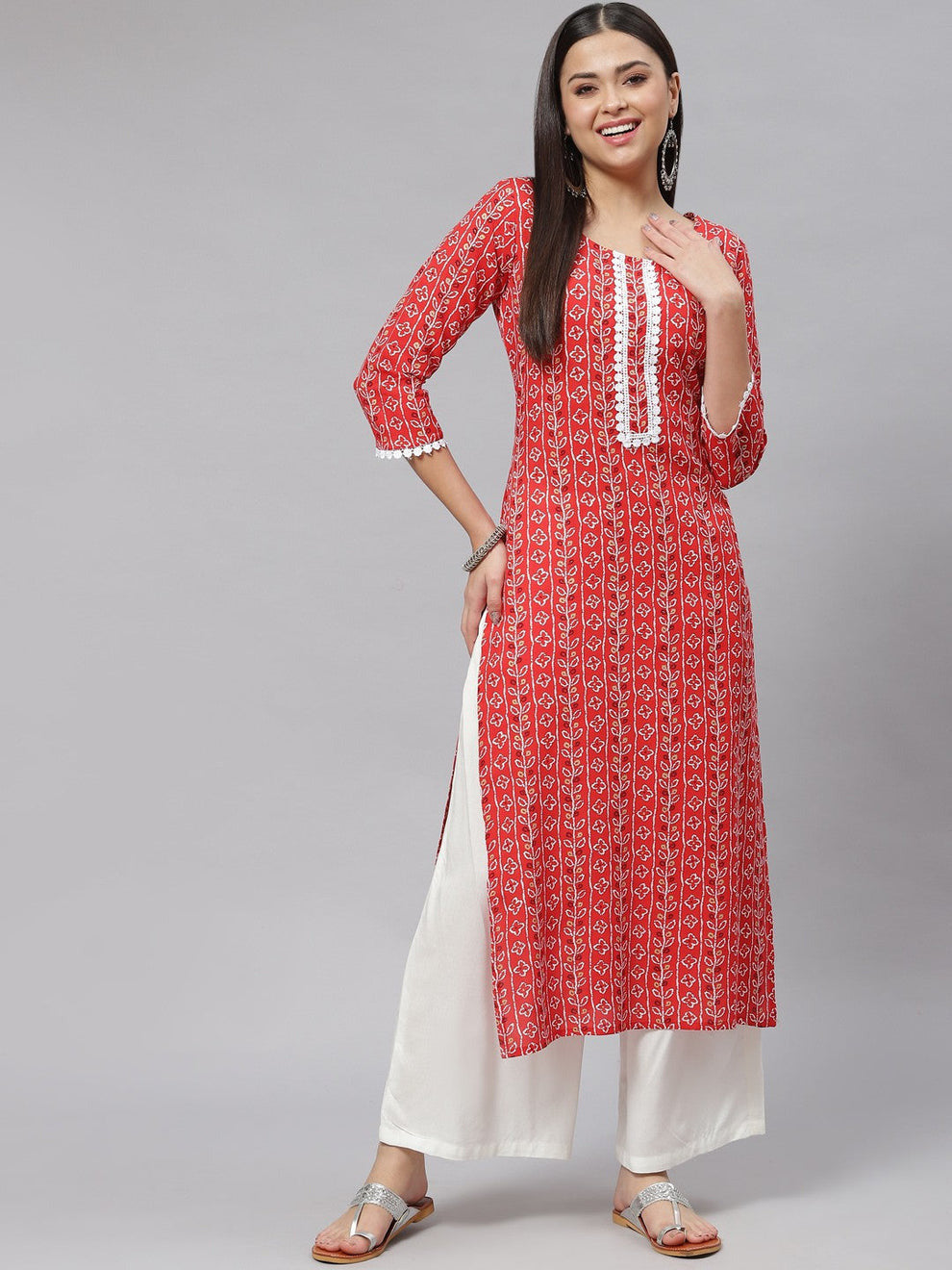 Red Printed Rayon Straight Kurta