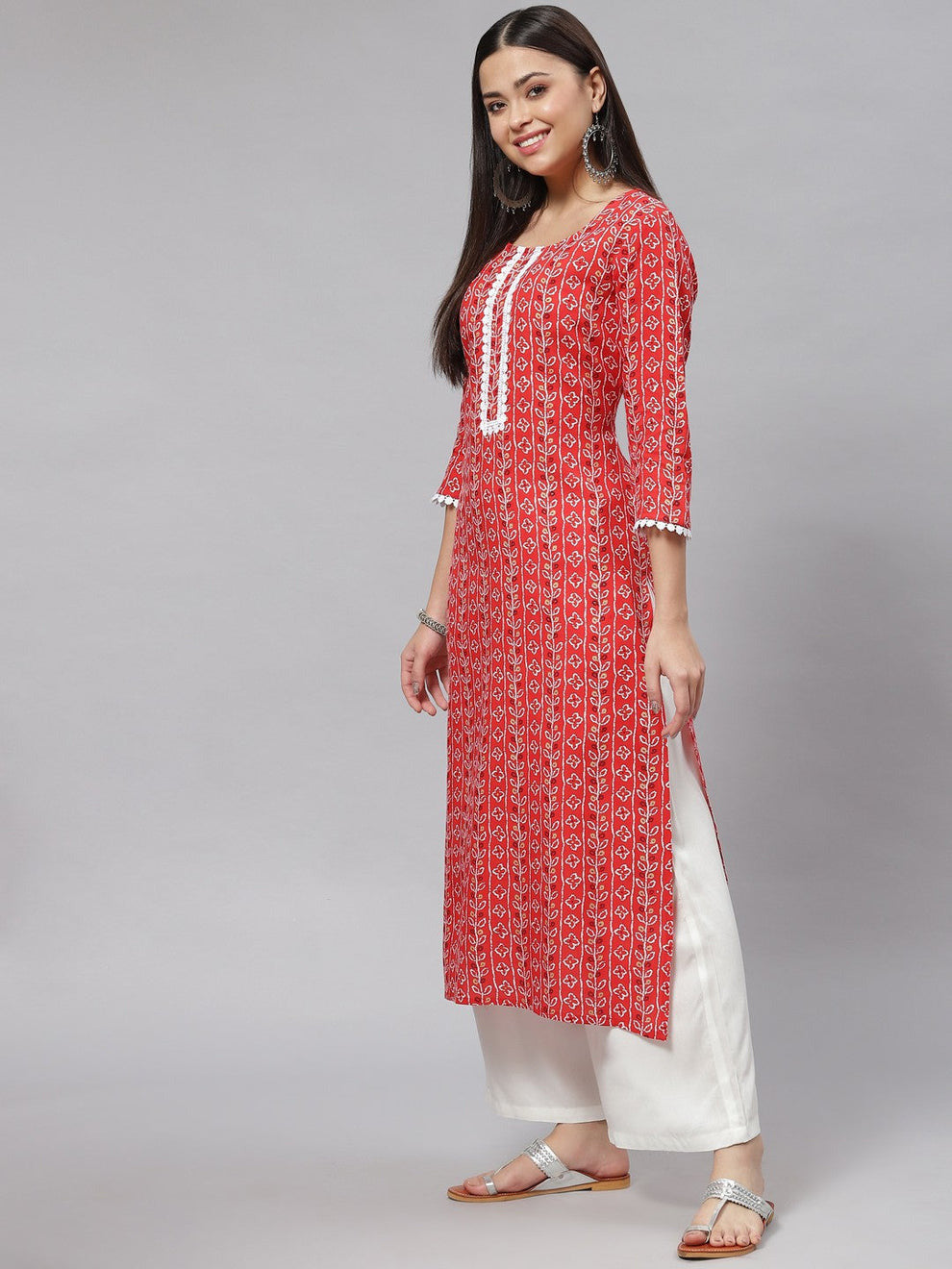 Red Printed Rayon Straight Kurta