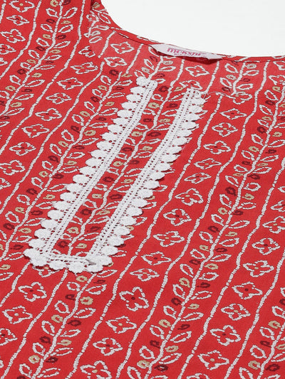 Red Printed Rayon Straight Kurta