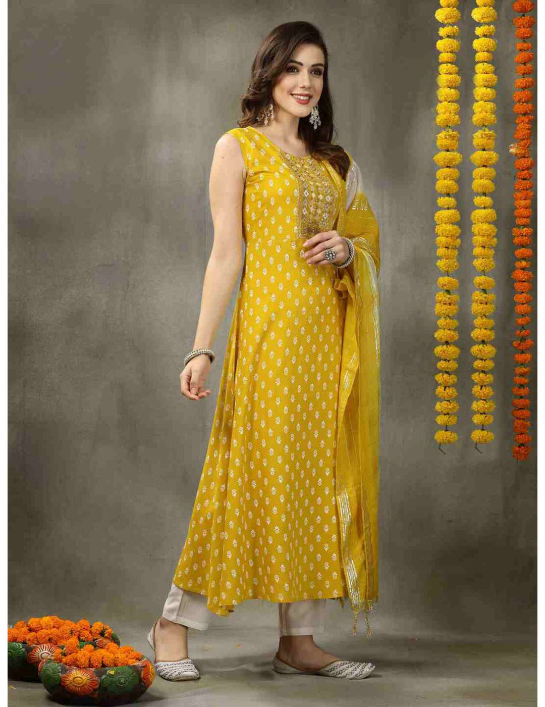 Yellow A-Line Kurta Dupatta Set