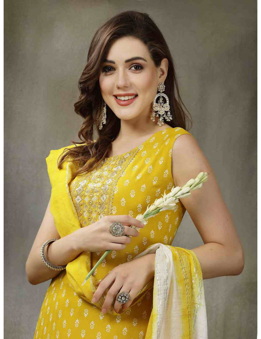 Yellow A-Line Kurta Dupatta Set