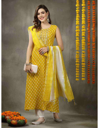 Yellow A-Line Kurta Dupatta Set