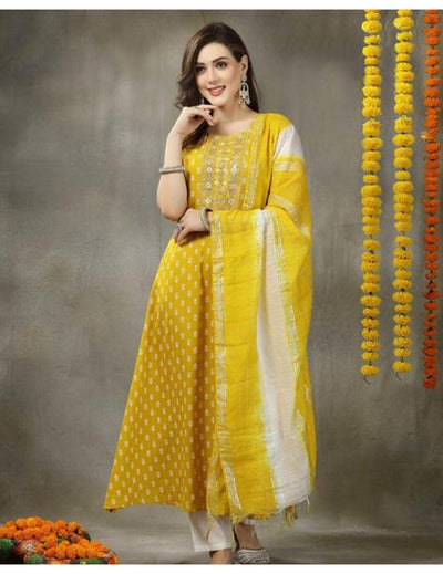 Yellow A-Line Kurta Dupatta Set