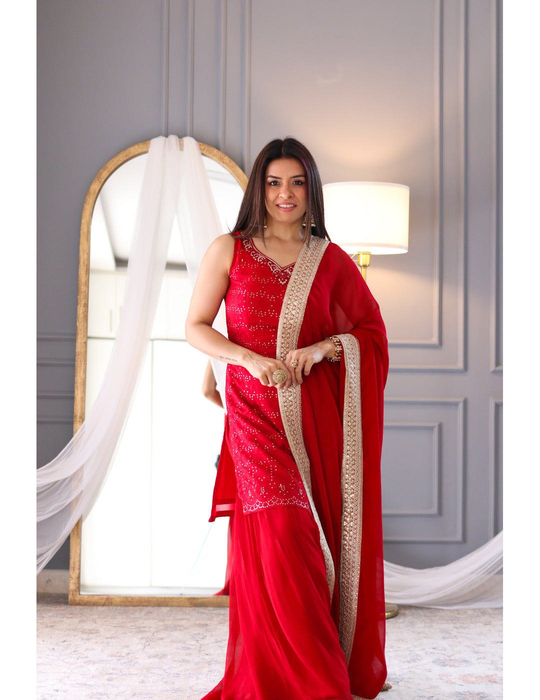 蓝色 Khadi 印花 Sharara 套装