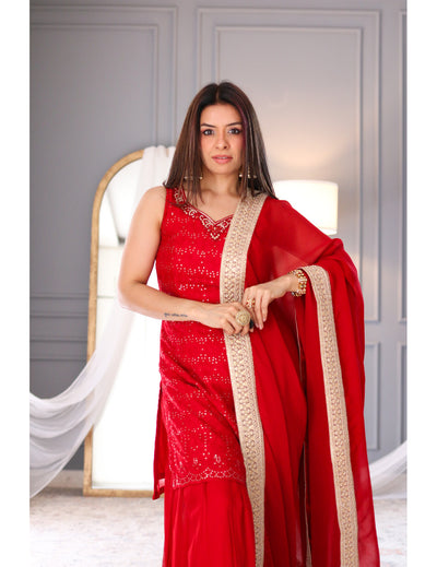 蓝色 Khadi 印花 Sharara 套装