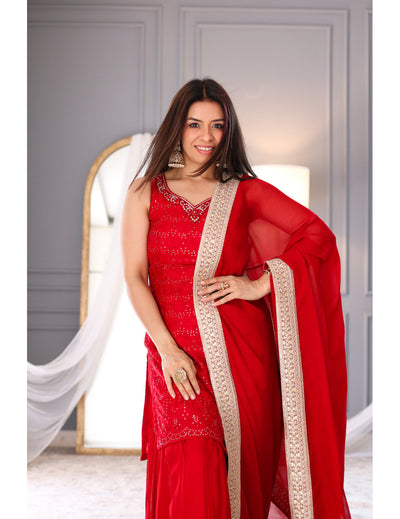蓝色 Khadi 印花 Sharara 套装