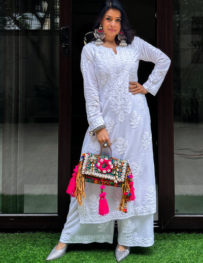 White Chikankari Kurti Set singapore