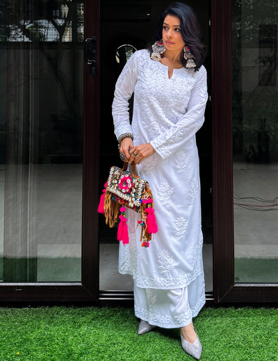 White Chikankari Kurti Set singapore