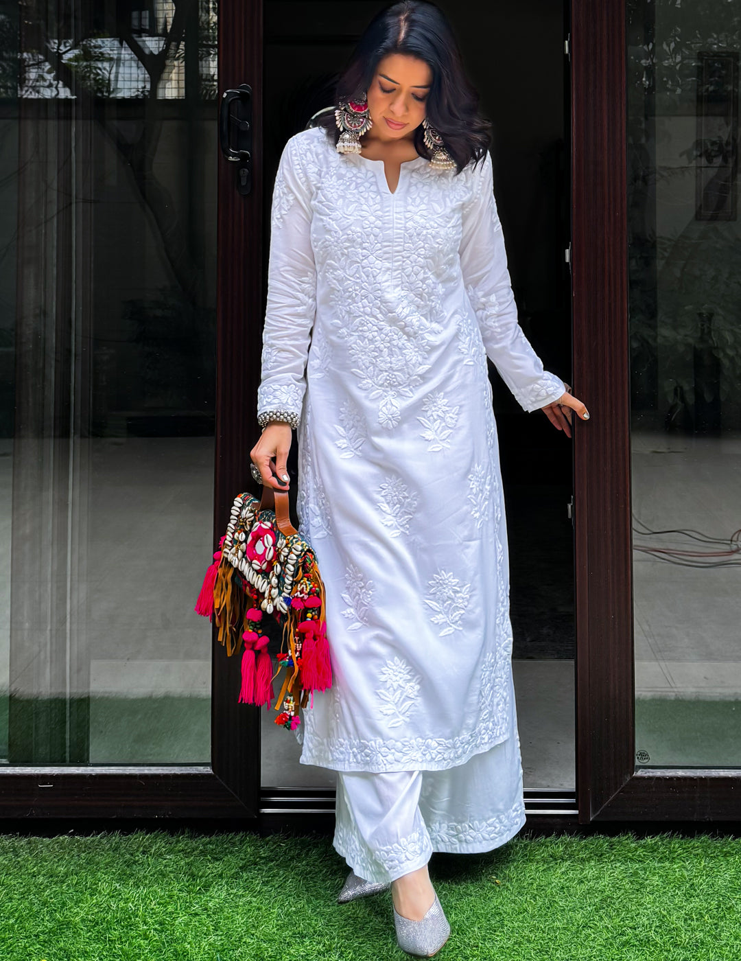 White Chikankari Kurti Set singapore