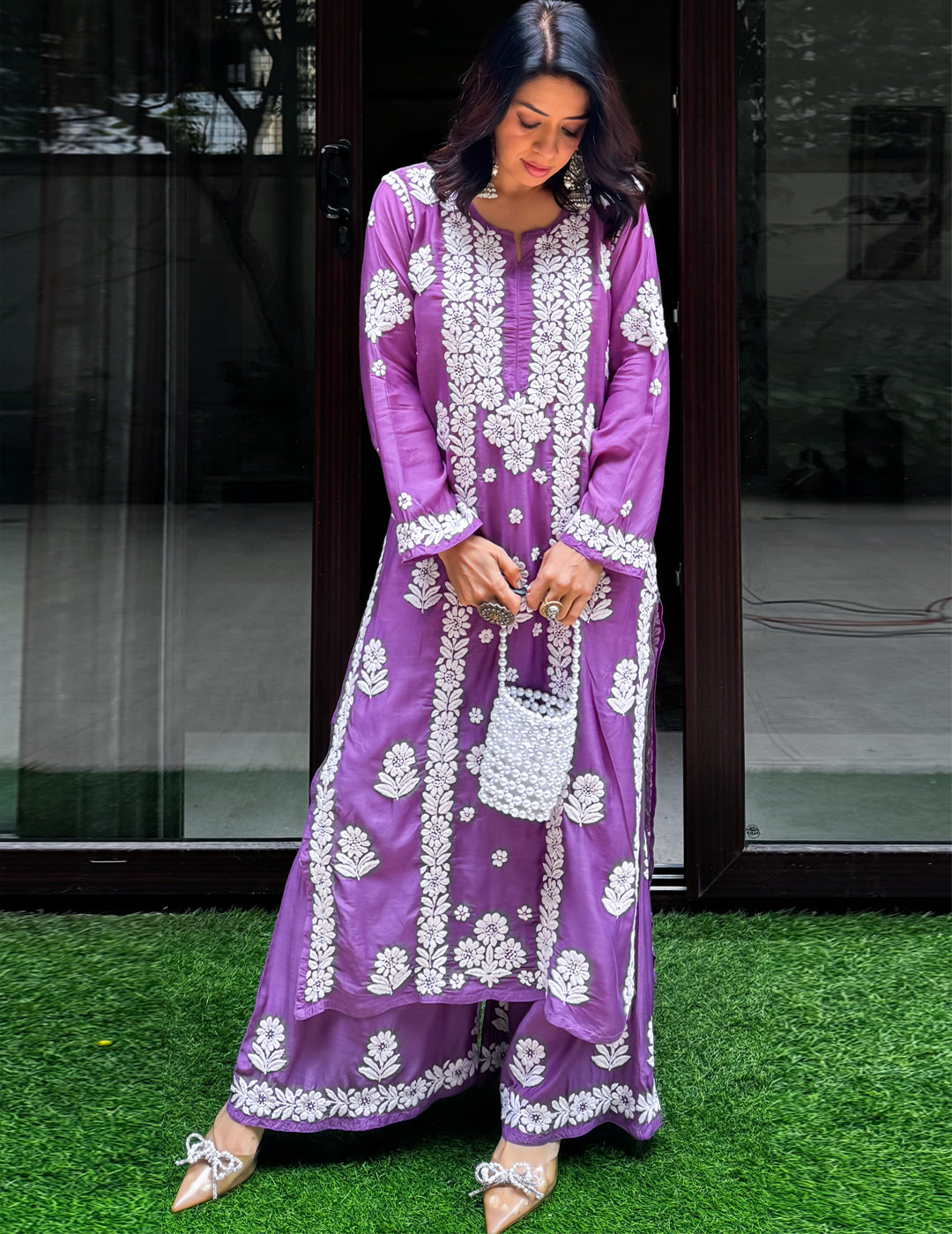 Purple Chikankari Kurti Set