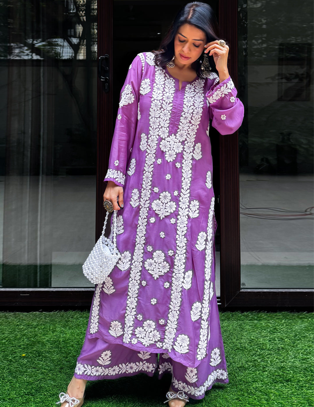 Purple Chikankari Kurti Set