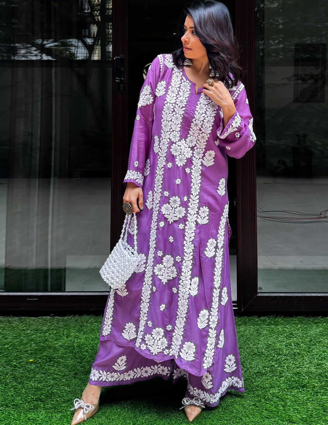 Purple Chikankari Kurti Set