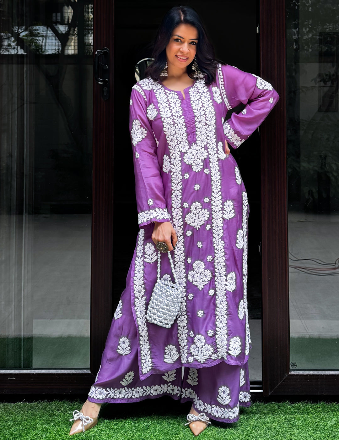 Purple Chikankari Kurti Set