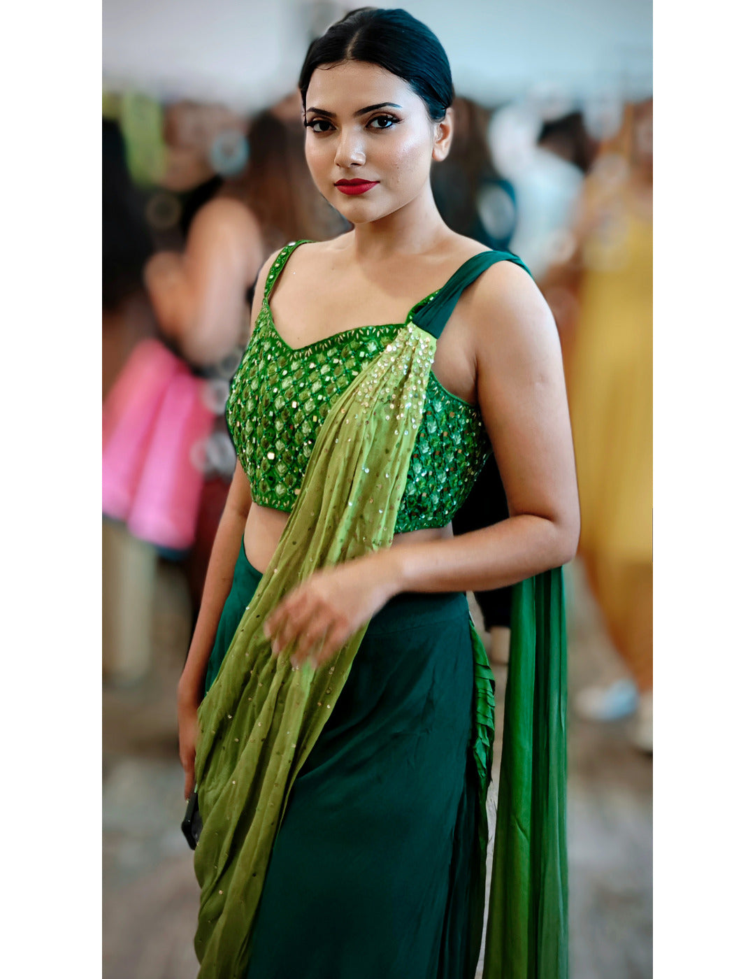 Green Pre-Draped Saree