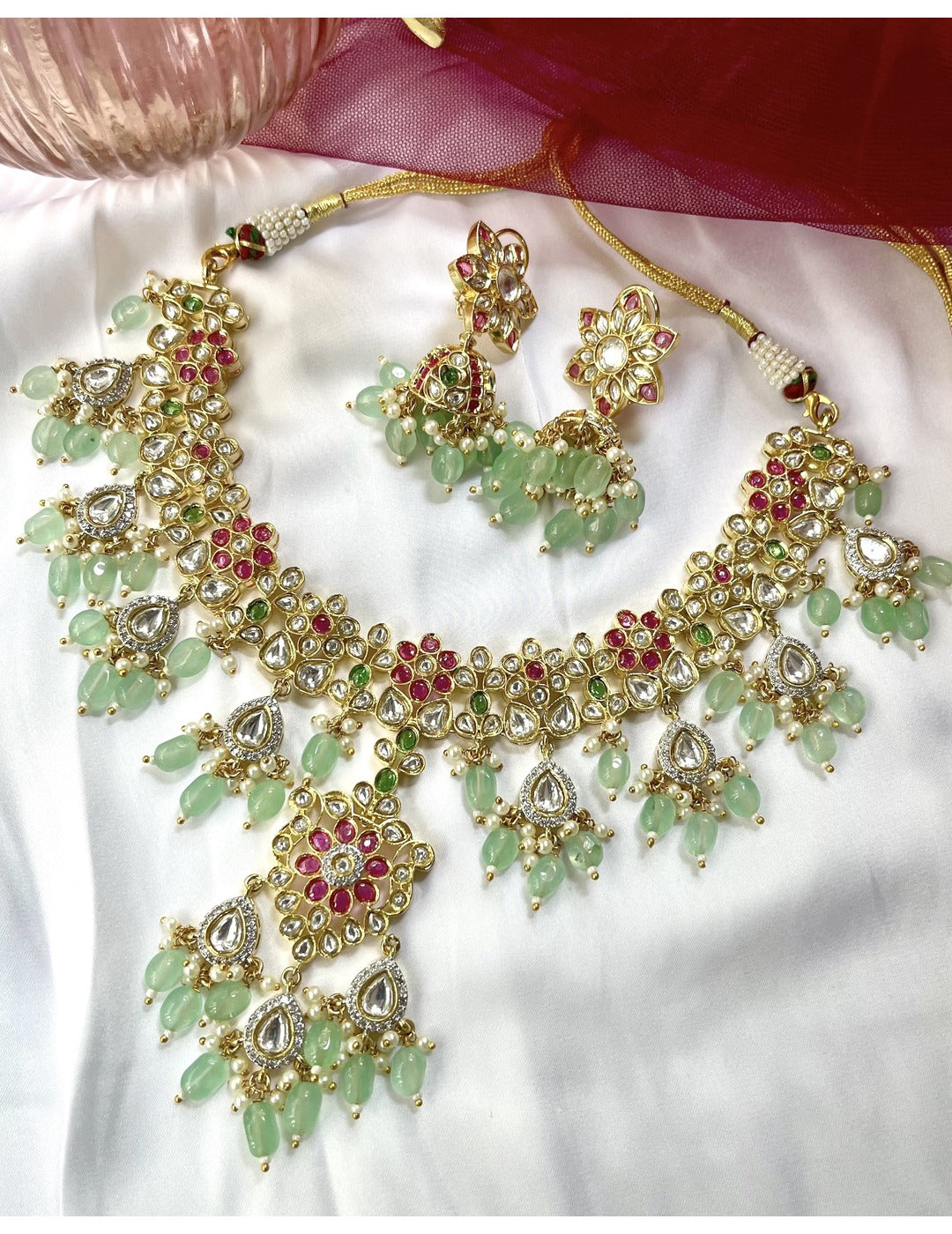 Sea Green Kundan Studded Beaded Gold-Plated Jewellery Set