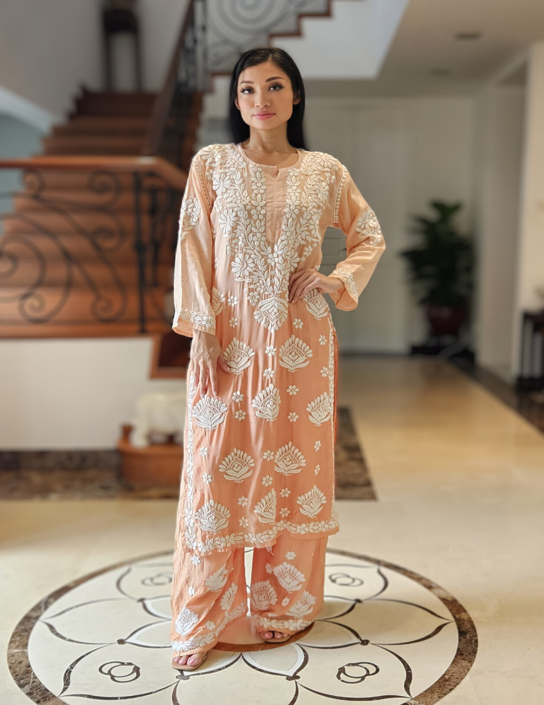 Peach Chikankari Kurti Set