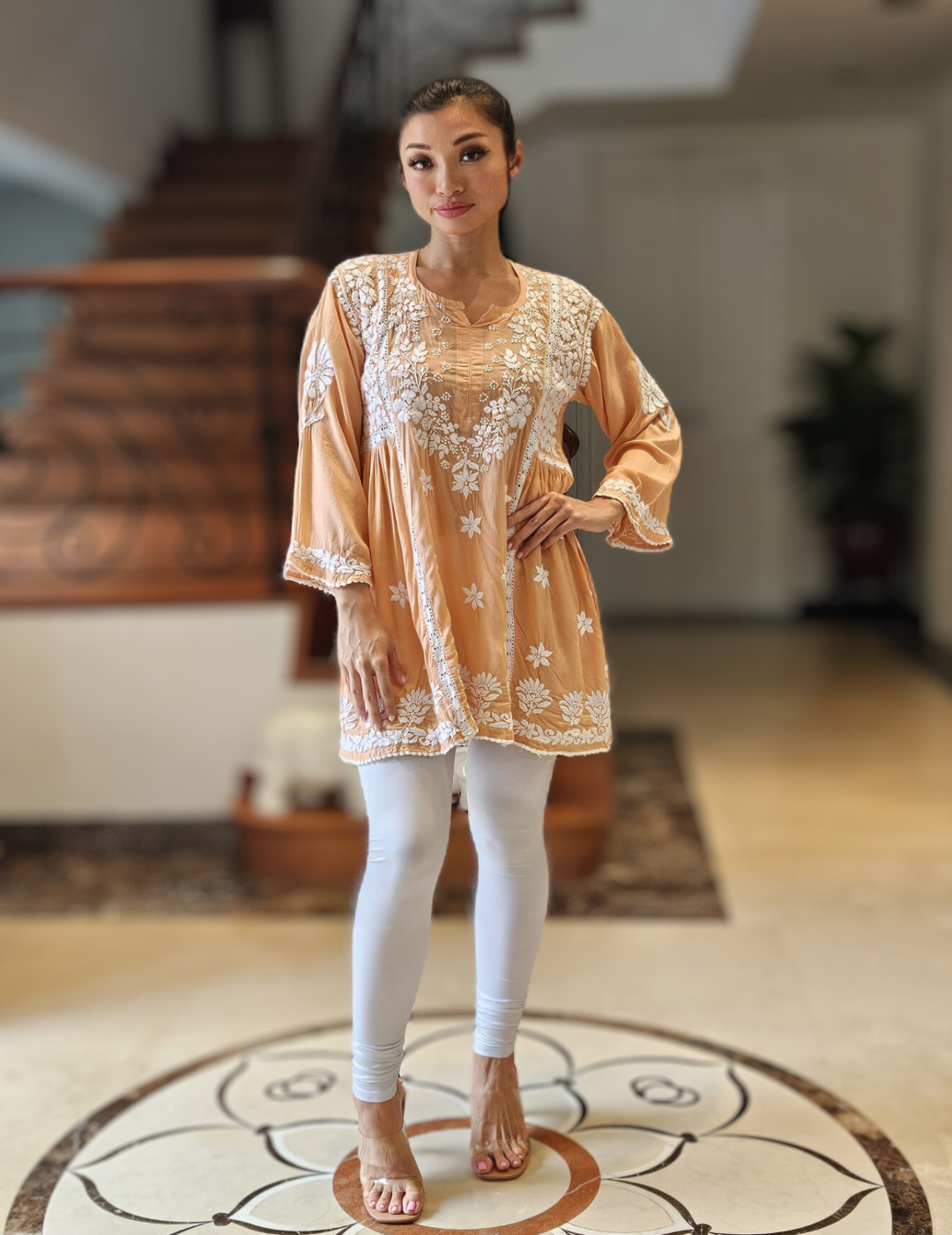 Peach Chikankari Short Kurti