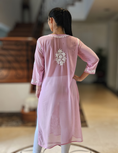 粉色 Chikankari 直筒 Kurta