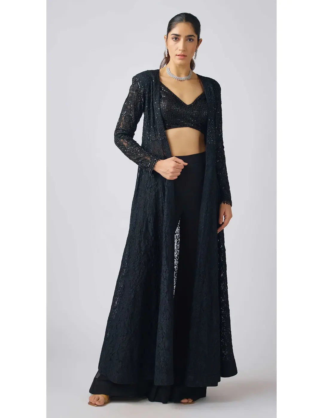 Black Georgette Embroidered Cape Set