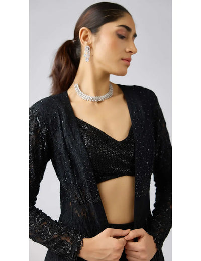 Black Georgette Embroidered Cape Set